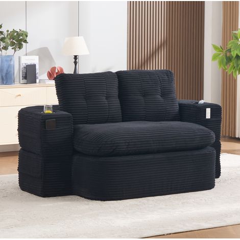 Divano letto a 2 posti in corda, nero, 165 x 123 x 61 cm, con portabicchieri HAVRYA (1/5)