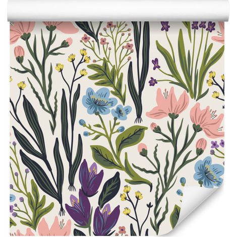 Papier peint à motifs d'herbes aromatiques et de fleurs des champs pour salon et chambre, 50 x 1000 cm (1/5)