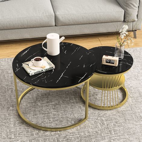 Tavolini da salotto rotondi, set di 2 tavolini Ø70/45 cm, tavolini impilabili salvaspazio, struttura in metallo, design moderno, Nero