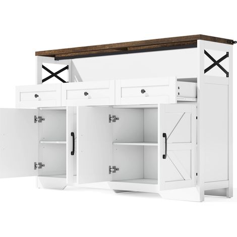 Credenza buffet 140 cm con 3 cassetti e armadi, bianco e marrone, in MDF (1/5)