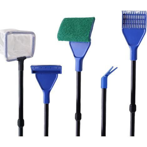 1 Kit Nettoyage Aquarium, Manche Télescopique, Grattoir Algues, Brosse Éponge, Râteau Gravier, Fourche Plantes, Filet Poissons (1/5)