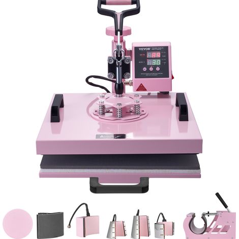 VEVOR Hitzepresse, 15 x 15 Zoll, 8-in-1 Wärmeübertragungsmaschine mit 6-30 oz Tumblerpresse, 360° Schwenkbares T-Shirt-Pressen, Digitale Präzisionssteuerung, für T-Shirts/Tassen/Hüte/Teller, Rosa