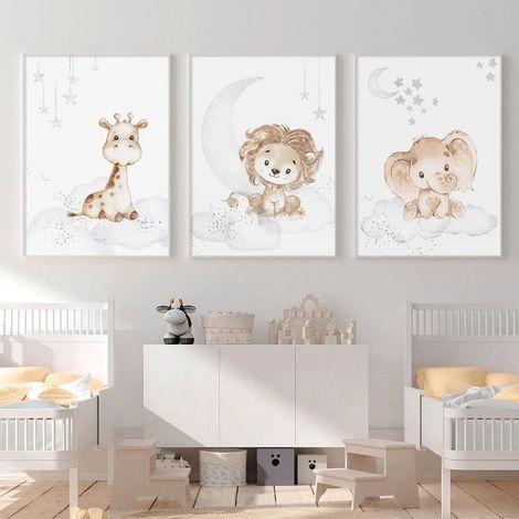Ensemble de 3 (20 × 30 cm) Impressions sans cadre, Animaux de bande dessinée Peintures sur toile Enfants Salon Chambre Peintures murales HD Peintures décoratives pour aérographe (1/5)