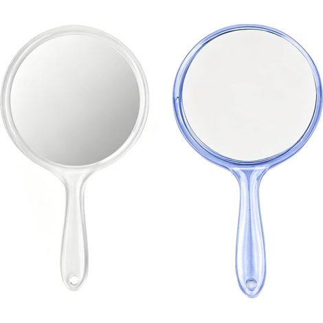 Lot de 2 Miroir à Main Double Face Grossissant 1X/2X, Miroir de Maquillage Transparent Bleu avec Poignée, Grand Miroir de Voyage Portable 14,5 x 26,5 cm pour Salon Coiffure, Salle de Bain et Beauté (1/5)
