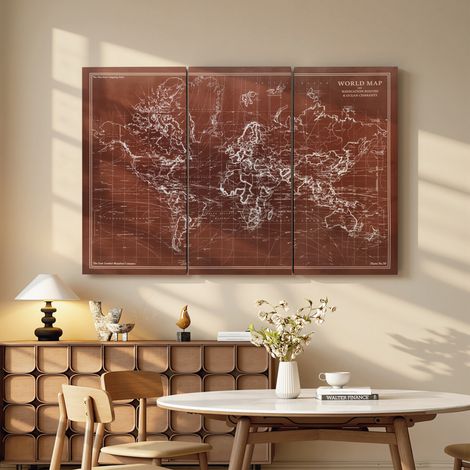 Vintage-Weltkarten-Triptychon aus Leinwand, handgefertigt, 120 x 60 cm, mit Holzrahmen, braun, ideal zur Dekoration des Schlafzimmers.