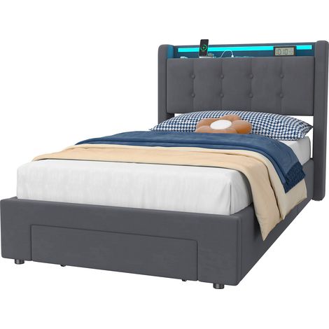 Cama juvenil tapizada 90x200 cm con LED, puertos USB, base hidráulica y cajones, en terciopelo con estructura de MDF y metal para dormitorio – CHICFURN (1/5)