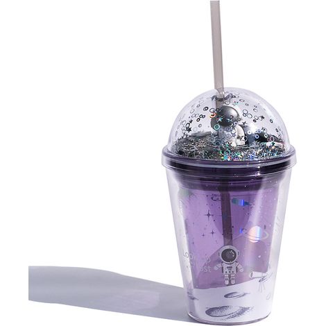 Gourde pour enfants 380 ml, tasse à paillettes, gobelet à café avec paille et couvercle (violette) (1/5)