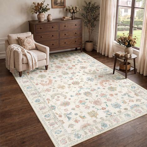 Tapis Lavable Vintage Bohème 90x150 cm Blanc Crème Tapis Salon (1/5)