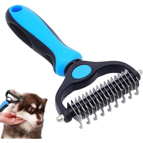 Herramienta de doble cara para cortar pelo - Cepillo para perros y gatos - Cepillos repelentes de pelo para perros - Cepillo para el cuidado de perros - Cepillo para el cuidado de gatos, azul (1/5)