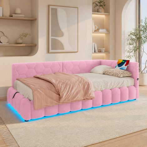 Sofá cama 90x200 cm de tela rosa con almacenaje y LED, sin colchón FloraGrace (1/5)