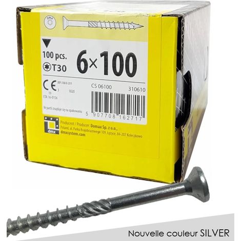 Vis autoperceuse à tête fraisée 6 x 100 – Empreinte Torx – Finition zinc silver – Pour connexions bois dur et panneaux massifs – Domax