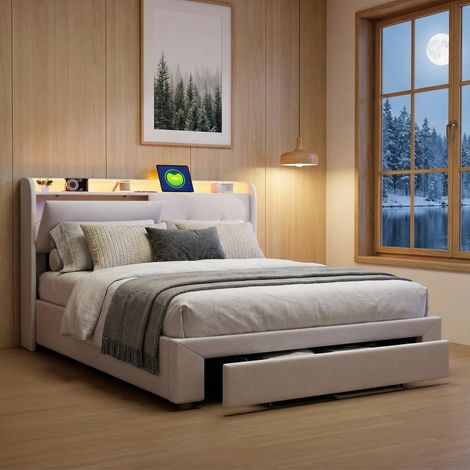 Letto contenitore 160x200 con 1 cassetto, letto matrimoniale, illuminazione LED, letto per adulti, testiera con vano contenitore, 2 porte USB e 2 prese di, velluto, stile moderno, Beige