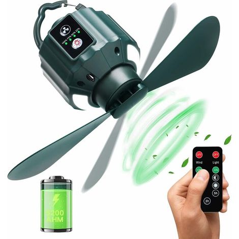 Mini ventilateur de camping portable rechargeable USB 5200 mAh – 3 vitesses – Télécommande – Fonction lumière et minuterie