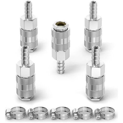 5 Pièces - Raccord Rapide - Coupleur Pneumatique - Fer Nickelé Débit Élevé Pour Compresseur Outil Garage 6mm Argent (1/5)