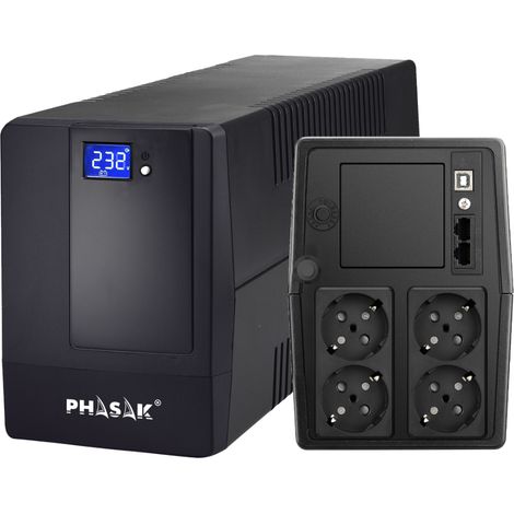 Interaktive USV PHASAK Esential 1000 VA Modell PH 9410, Schutz für Büros und Haushalte, automatischer Spannungsregler de, Touchscreen, Sicherung gegen Überspannung.