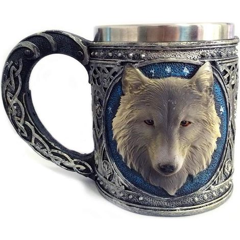 Tasse à Boire en Résine,Tasse à Café 3D Loup résine Tasse en Acier Inoxydable Coupe créative Tankard Potable Tasse de thé de Loup