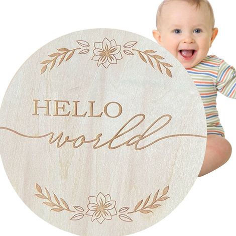 Plaque ronde de 15 cm pour annoncer une naissance, en bois de tilleul, avec la phrase « Hello World » pour la décoration de la chambre de bébé (L2). (1/5)