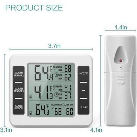 Thermomètre Réfrigérateur - 2 Capteurs Sans Fil - Écran LCD 3,6 Pouces - Plage Intérieure -10 à 60 °C / Extérieure -40 à 60 °C - Alarme Sonore Min/Max - 1 Pièce (1/4)