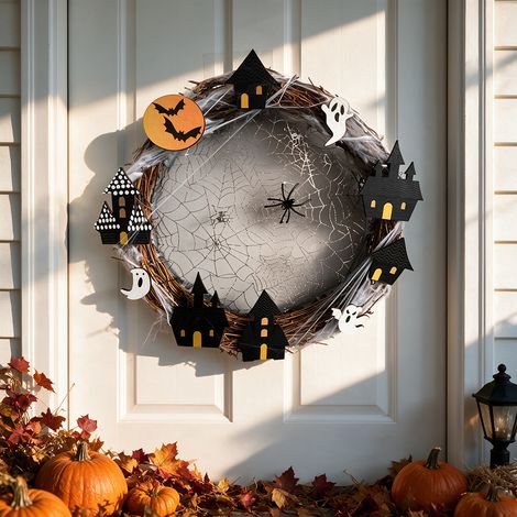 Couronne vigne Halloween maisons hantées toile d’araignée fantôme 30×30 cm pour porte d’entrée