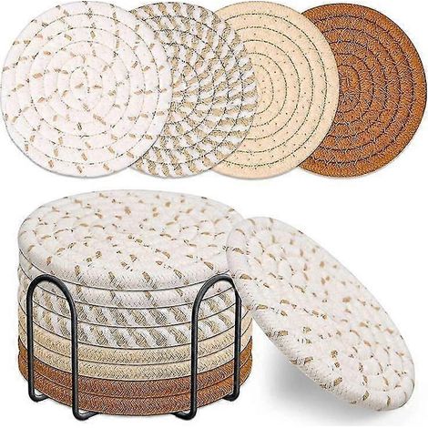 8-teiliges Set Getränkeuntersetzer mit Halter, 4 Farben, saugfähige Untersetzer aus gewebter Baumwolle (1/5)