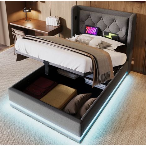 Lit coffre 90x200 gris coton USB-C LED 3 faces HAVRYA (1/5)