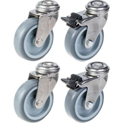 Roulettes - Inox - 75mm - Ensemble de 4 - Pivotantes - Frein - Charge 60kg (1/4)