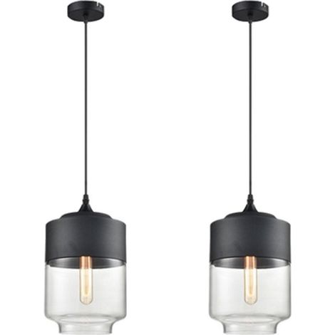 Suspension Luminaire Vintage Industriel Lustre Suspension Abat-jour en Verre Lustre Plafonnier Noir E27 Ø18CM - 2Pcs (1/5)