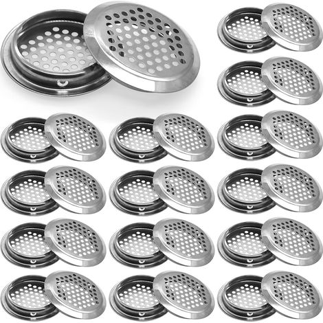 30 grilles de ventilation rondes de 53 mm en acier inoxydable, avec orifice d'aération, pour armoires, penderies, meubles à chaussures et étagères (argenté). (1/5)