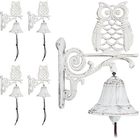 Relaxdays 5x Cast Iron Door Bells, Owl, Antique Design, with Cord, Weatherproof, Garden Decoration, 26.5x19x11 cm, White