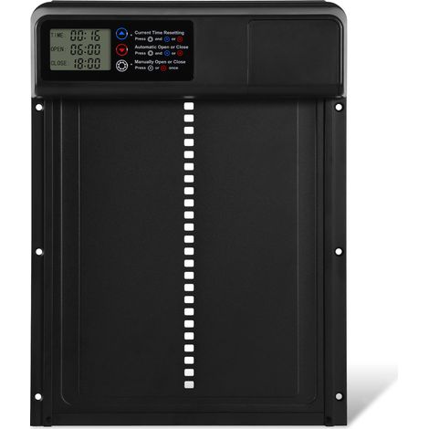 Randaco Aluminum Automatische Hühnerklappe Solar, Hühnerklappe Automatisch mit LED Display, Timer, Fernbedienung, Elektrische Hühnerklappe Hühnerstalltür, schwarz (1/4)
