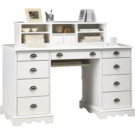 Bureau Ministre Blanc Surmeuble Style Anglais 11 Tiroirs L 137.5 H 99.7 P 58.3
