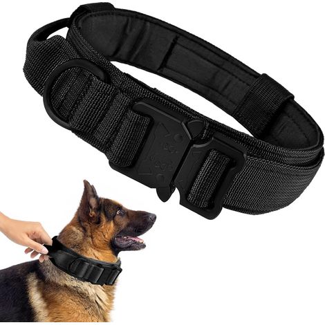 Collar militar de nailon ajustable para perros medianos y grandes, con hebilla metálica resistente y cadena negra para perros de tamaño XL (50-59 cm). (1/5)