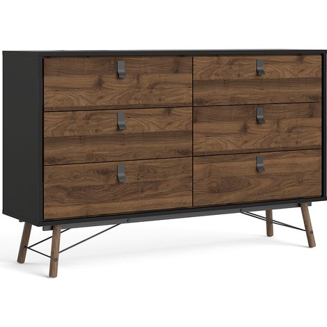 Rye Kommode breit 6 Schubladen mattschwarz, Walnuss Dekor.