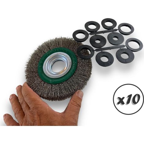 Lot de 10 brosses circulaires INOX Ø 150 mm Epaisseur 2 rangs Fil dur 0.30 mm ondulé Alésage 32 mm + réducteur bague 25/22/20/16/12 mm Touret affûteuse ponceuse Kibros 235152ITx10 (1/5)