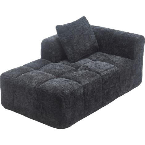Canapé Chaise Longue en Chenille Noir avec Poches Latérales et Coussin Confort (1/5)
