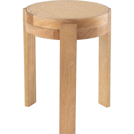 Tabouret en bois de manguier naturel assise tressée artisanale - Bois naturel clair et beige (1/3)