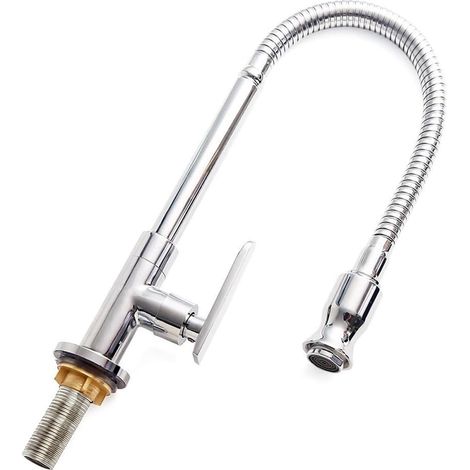 Robinet de cuisine extérieure - Robinet de cuisine à eau froide, monotrou, à poignant unique et rotation à 360°, flexible, pour buanderie, bar ou jardin, montage sur terrasse, finition chromée (1/5)