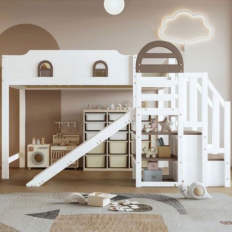 Lit superposé enfant 90x200 cm en pin blanc/marron avec toboggan et escalier à tiroirs