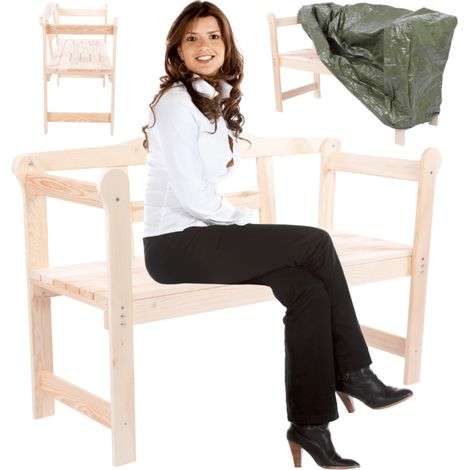 MODO24 Banc de jardin G01 bois FSC, 2 places 78x118x46 cm, housse bâche verte 120 g/m2, terrasse/balcon, naturel brut (1/5)