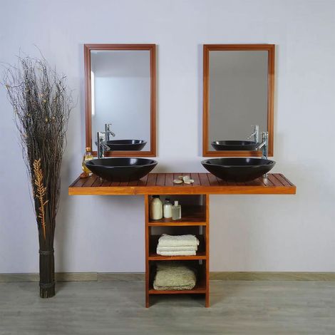 Ensemble meuble vasque et miroir salle de bain New Gempo 140 cm en bois teck naturel Taille - Meuble + miroir (1/5)