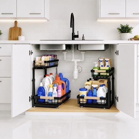 Lot de 2 Rangement Sous Évier Coulissant 2 Niveaux Réglable 35-43cm,Organisateur Métal Noir Anti-Rouille,Étagère Gain de Place Cuisine Salle de Bain,Panier Extractible Placard (1/5)