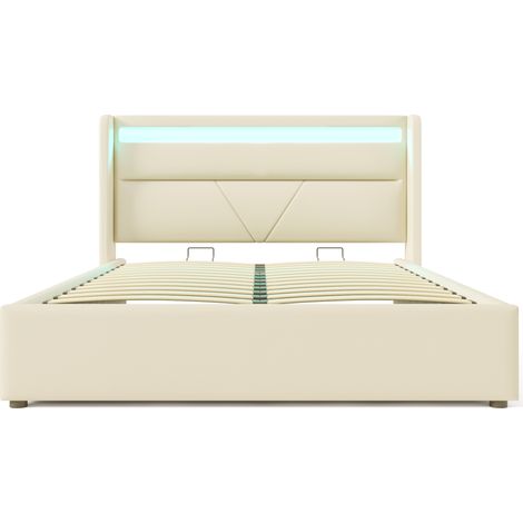 Cama canapé hidráulica con tira LED, cama doble 140x200 cm, blanca, estructura tapizada HOMVRA (1/5)