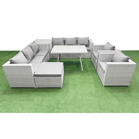 Fimous 9 Seater Garden Furniture Set PE Ratten Garden Sofa Set with Rectangular Dining Table Big Stool Side Table Light Grey (1/5)