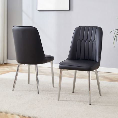 Lot de 2 chaises à manger simili cuir noir design minimaliste. Siège élargi,pieds métalliques argentés,adaptées cuisine et salle à manger. (1/5)