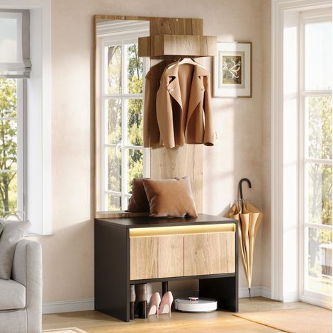 Guardaroba da ingresso 60x38x145 cm in truciolare nero e naturale con specchio – MEUBLIV (1/5)