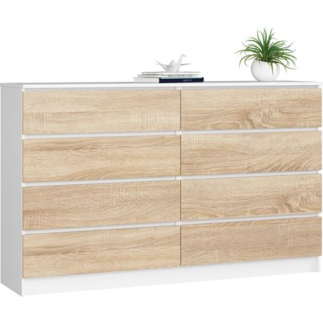 Grande Commode pour le salon AKORD K160 Blanche 160 cm 8 tiroirs façade Chêne Sonoma 160x40x99 cm (1/5)