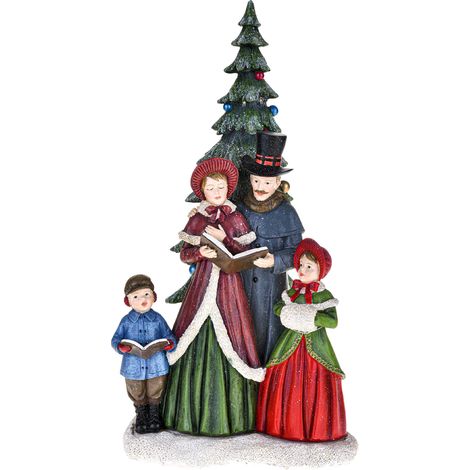 Statuetta albero verde con cantori e led, in resina per decorazioni natalizie (1/2)