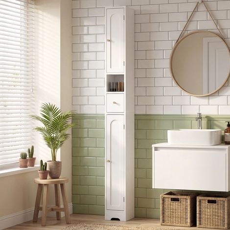Mobiletto da bagno, mobiletto da bagno stretto con cassetto, ante curve, vano a giorno, ripiano regolabile, 20x20x185 cm, bianco