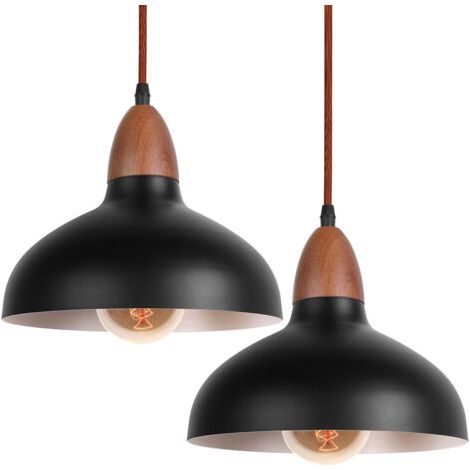 royaluxe- 2X Suspension Lustre Rétro E27 Lustre En Bois, Abat-Jour En Métal Ø19CM, Plafonnier Moderne Pour Salle À Manger Chambre Café, Noir (1/5)