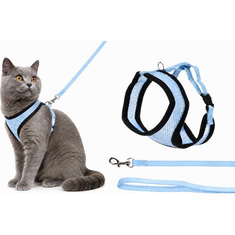 1 - Harnais pour Chat - Laisse en Nylon - Réglable avec Fermeture Clic et Anneau - Pour Chaton et Petit Chat - Bleu - 36-48cm / 110cm